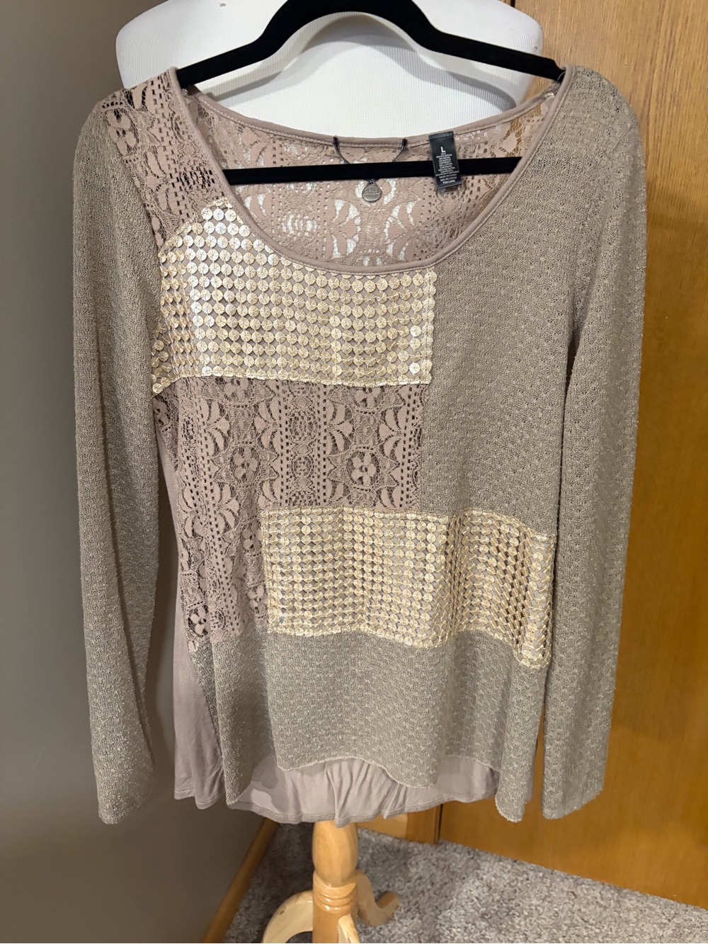 Women’s Taupe and Gold Lace & Sequin Patchwork Long-Sleeve Top